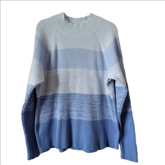 Studio Works Cable Knit Sweater Mock Turtleneck XL Blue Stripes long sleeves EUC - Picture 1 of 9